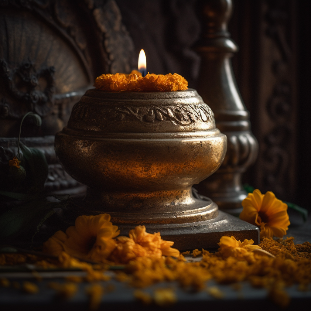 A dramatic image of a Gold Siva linga placed on a traditional Indian altar