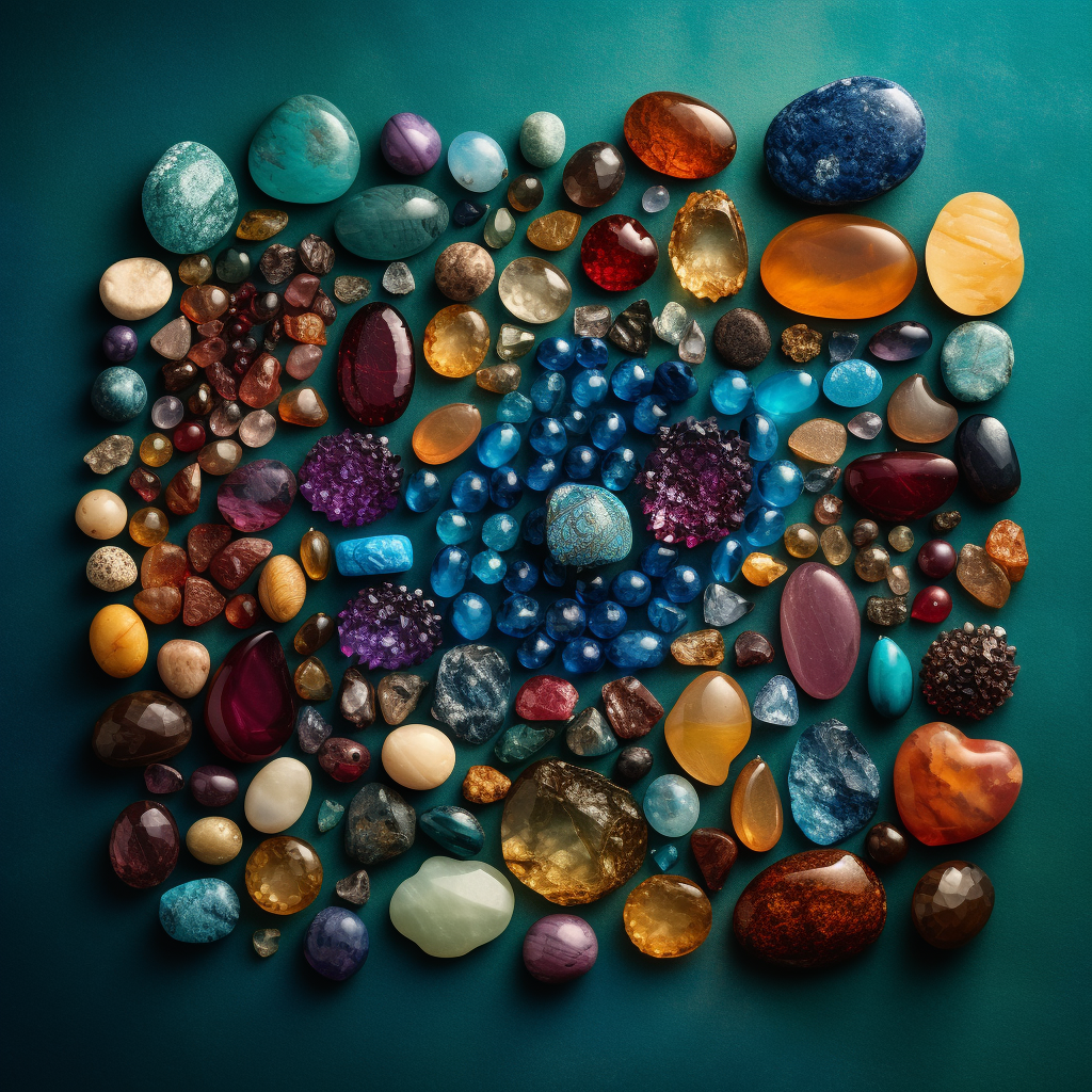A flat lay image composition showcasing a plethora of gemstones