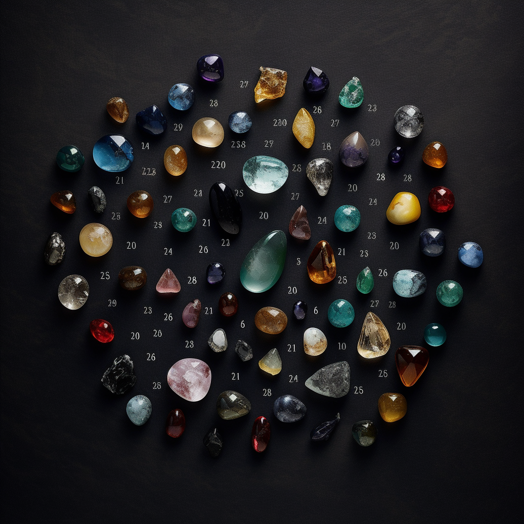 A flat lay photo composition of twelve gems representing each months birthstone color