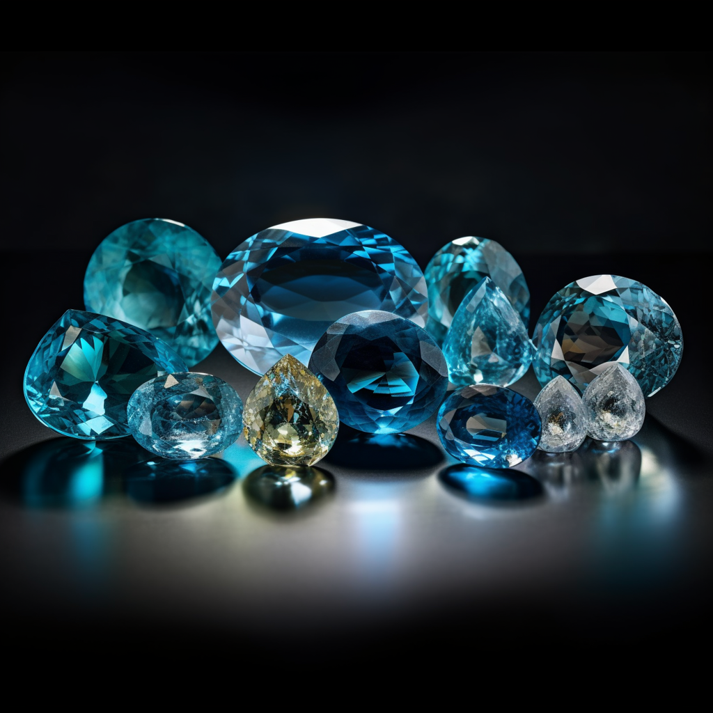 A gorgeous still life of various examples of zircon showcasing its range of colors from colorless to vibrant blue