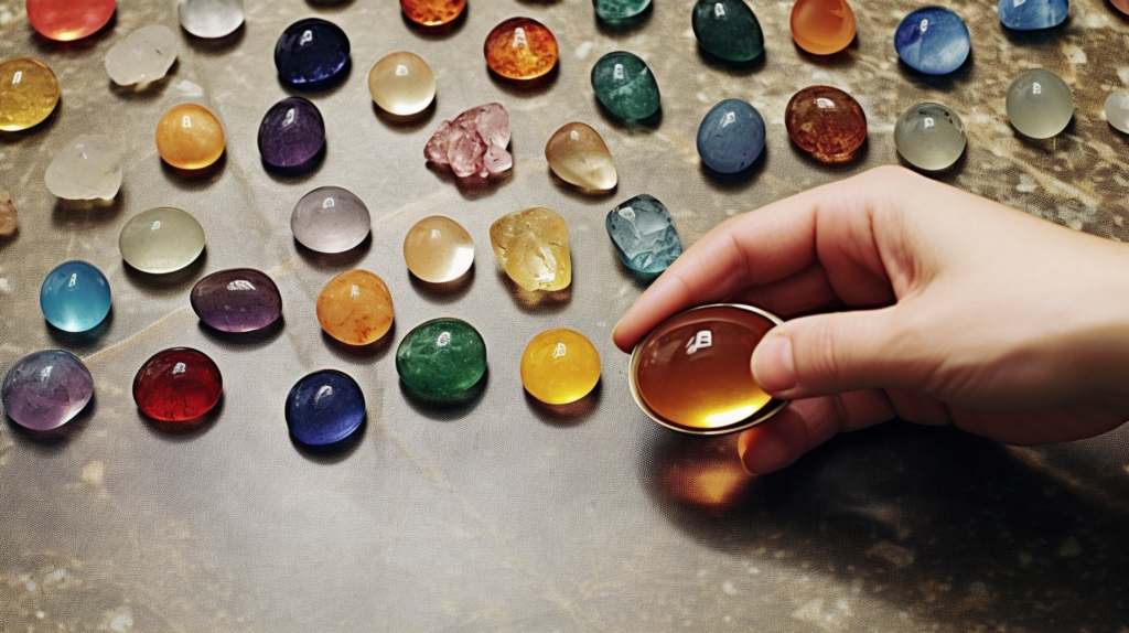 A hand holding a magnifying glass over various gleaming birthstones