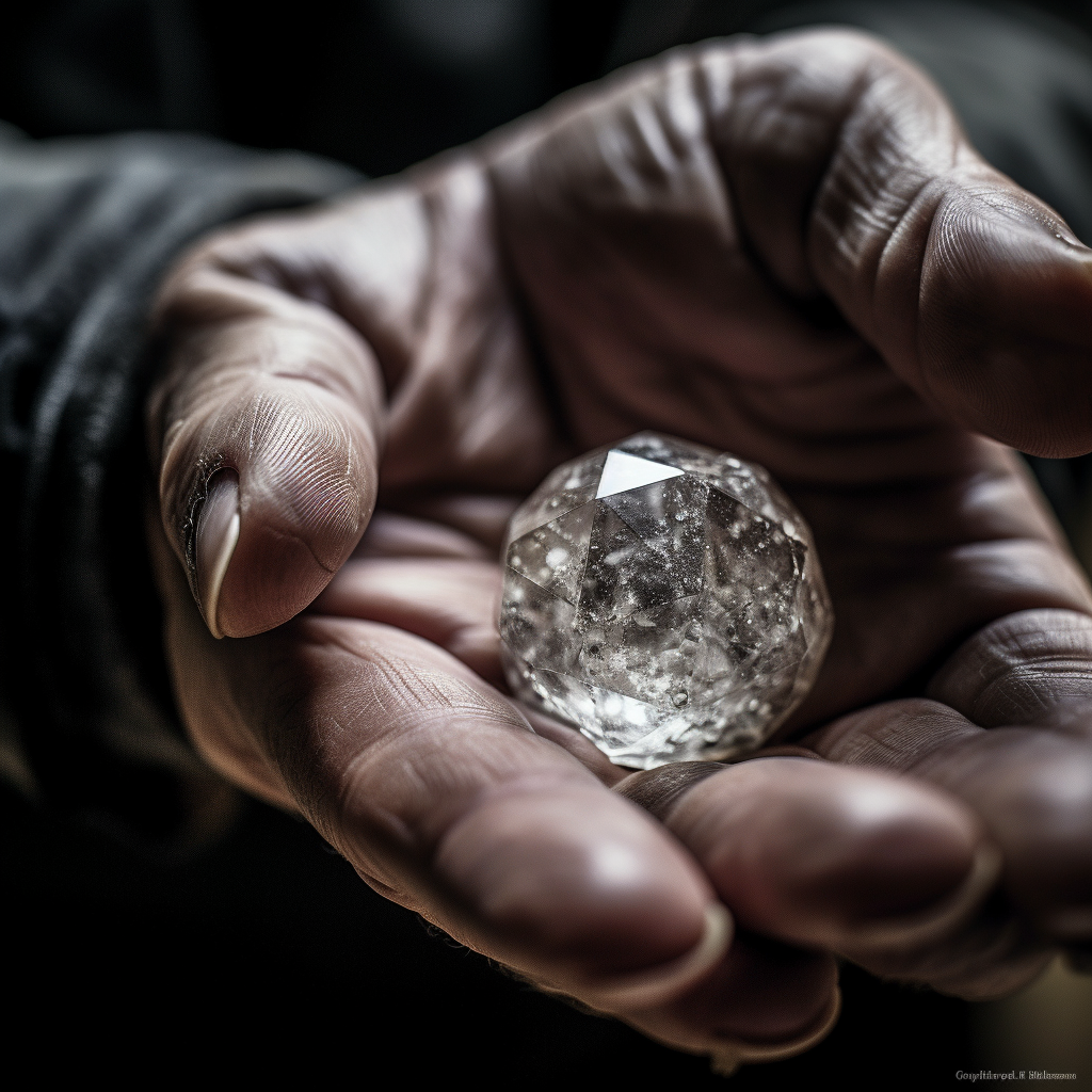 A high resolution photograph capturing the sheer brilliance of an uncut diamond sitting on a miners hand