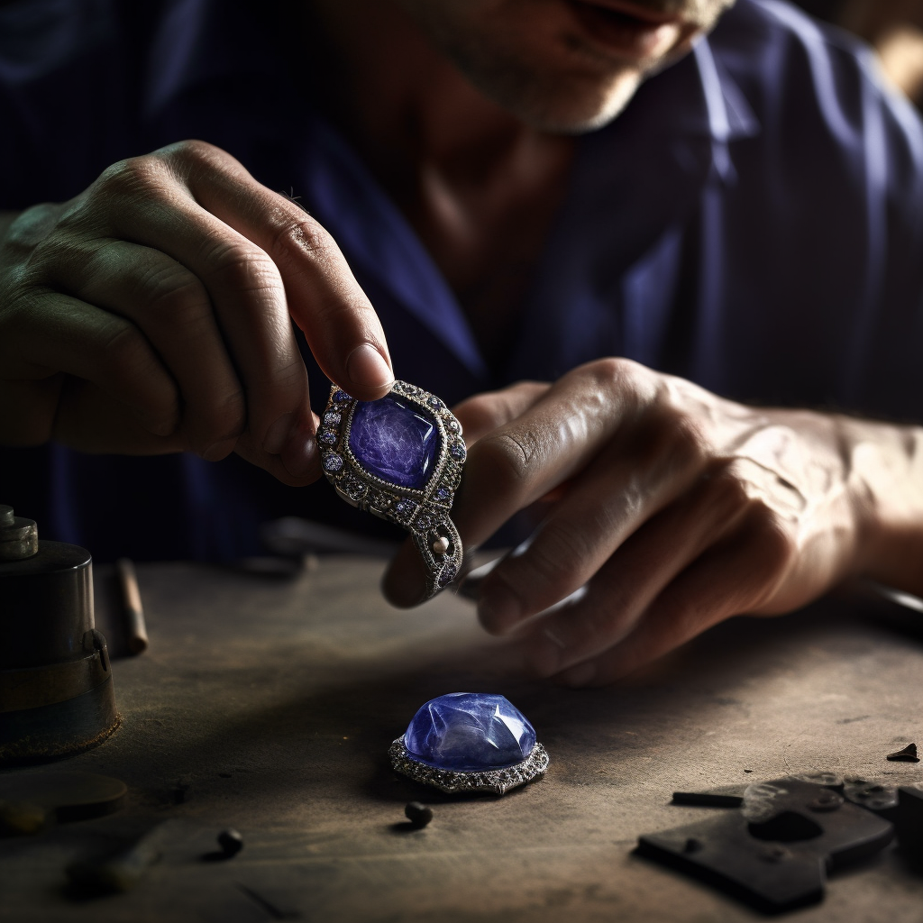 A jewelers hand placing a Tanzanite gemstone into a custom necklace setting