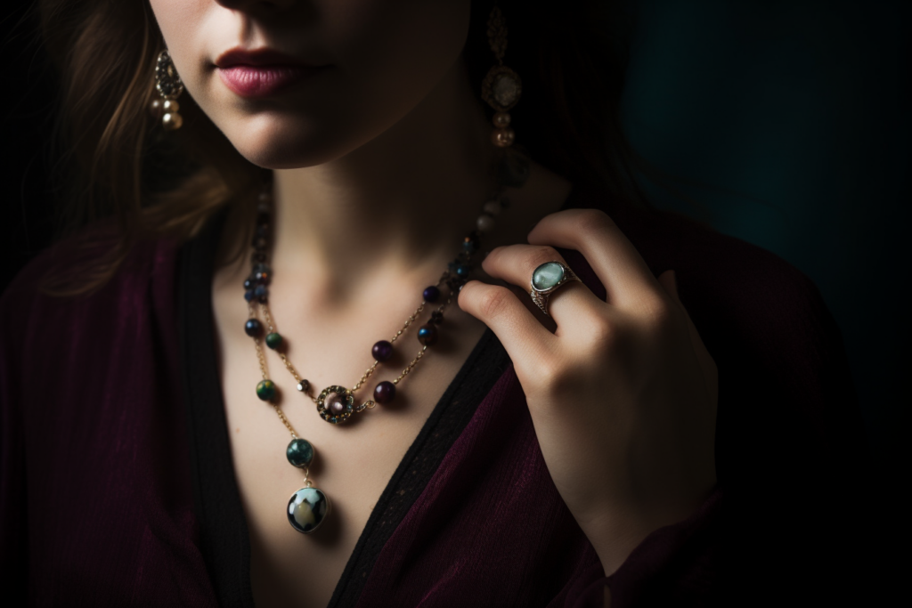 A lifestyle photograph of a individual wearing February alternative birthstone jewelry including a Pearl neckpiece amethyst earrings