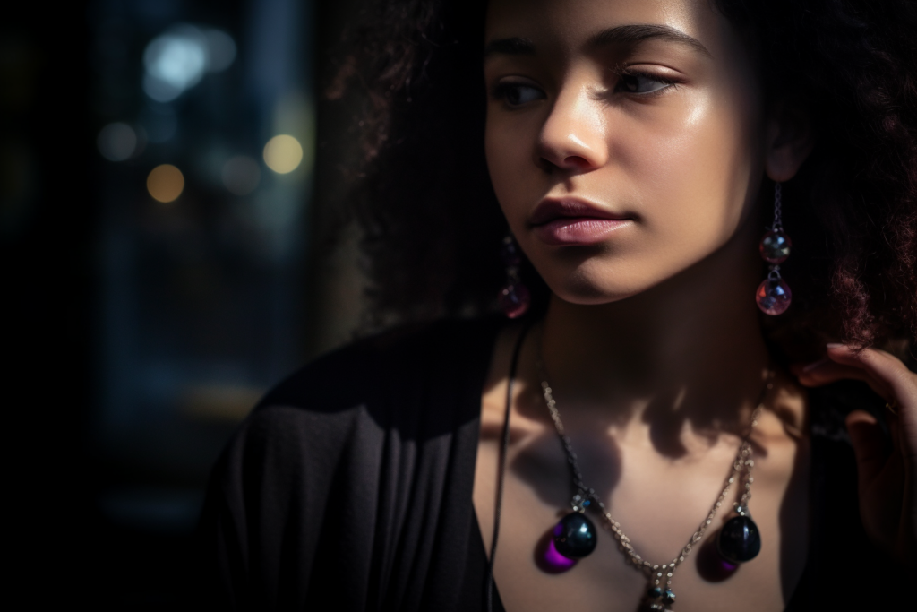 A lifestyle photograph of a trendy individual wearing an assortment of alternative birthstone jewelry