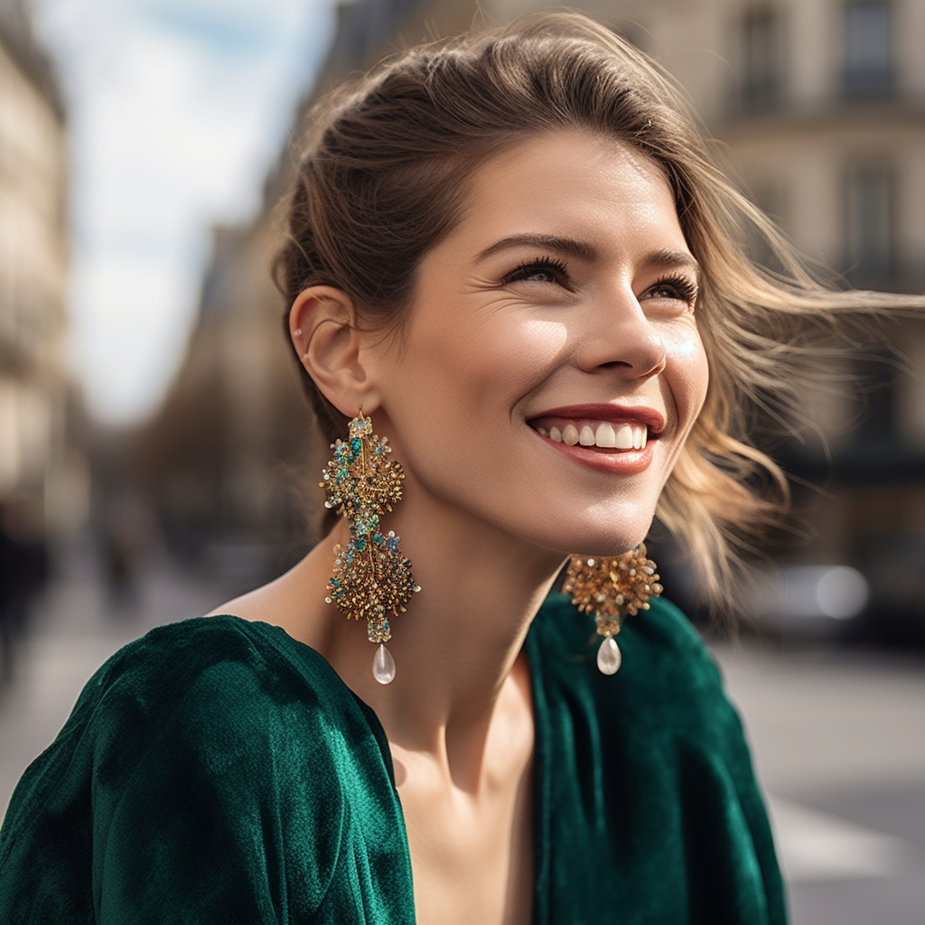 A lifestyle shot of a fashionable woman wearing emerald earrings 1