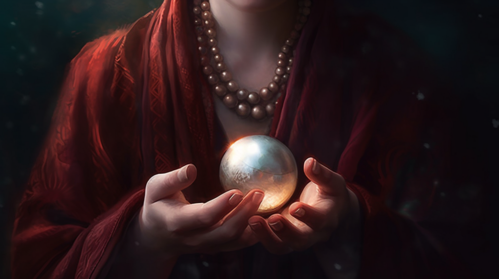 A mystical atmospheric image of a person holding a Pearl rendered in digital art