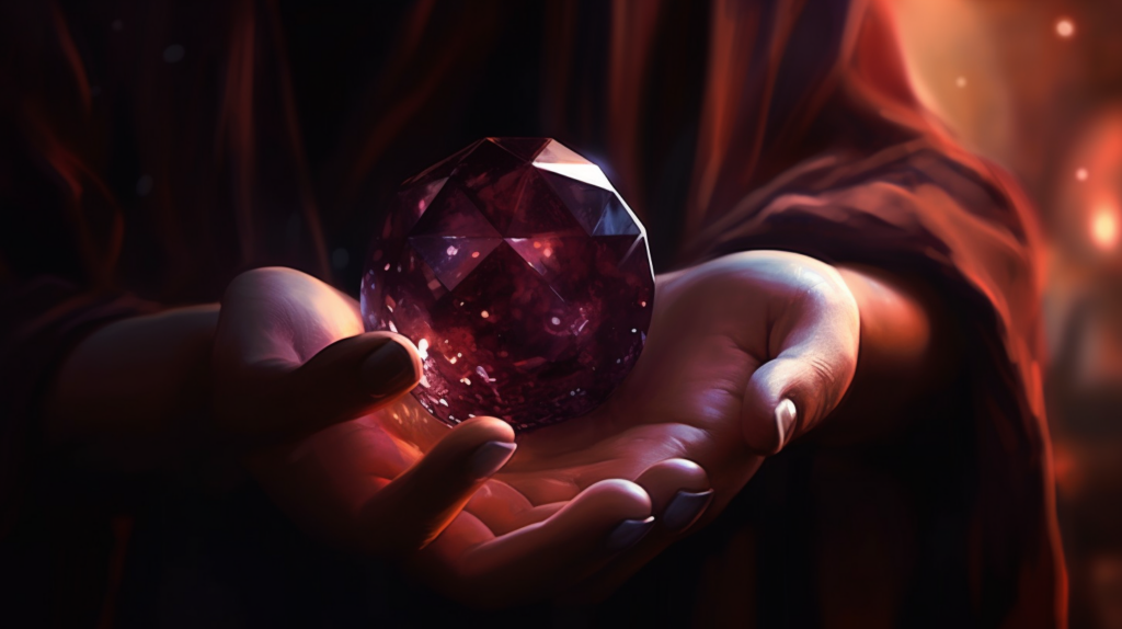 A mystical atmospheric image of a person holding a garnet rendered in digital art
