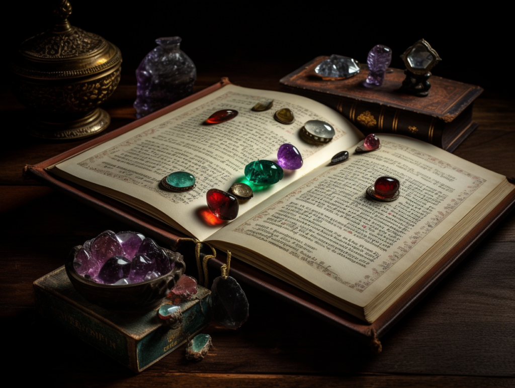 A photograph of an antique book with handwritten descriptions of various gemstones including garnet amethyst onyx and emerald 1
