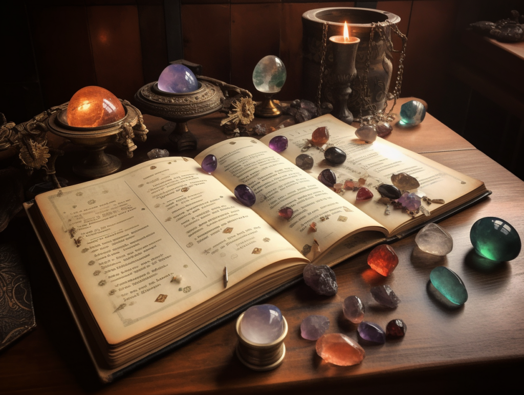 A photograph of handwritten descriptions of various gemstones including Hyacinth Pearl Moonstone and Bloodstone Amethyst