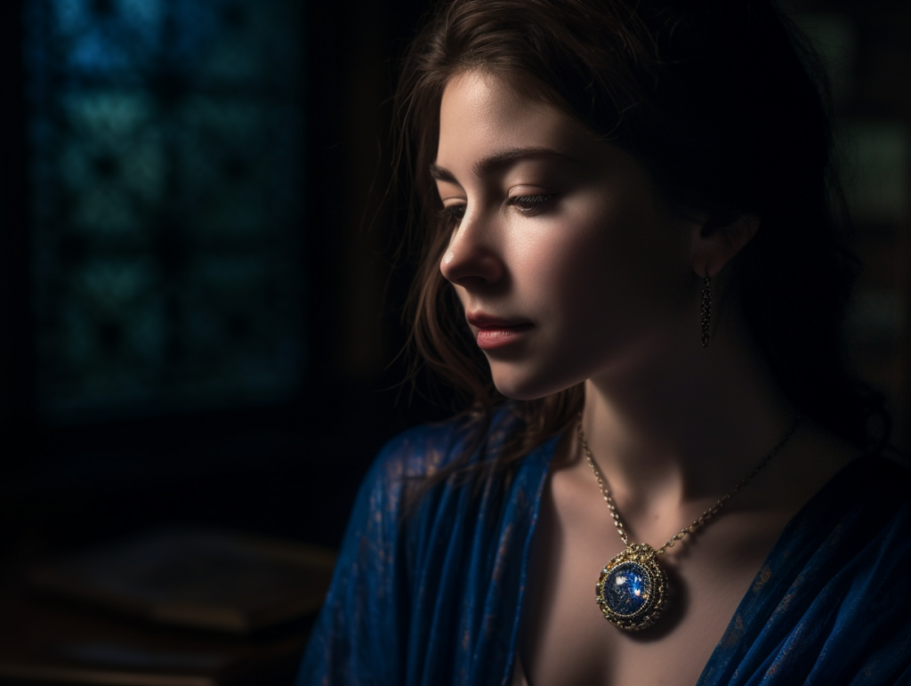 A serene image of a woman wearing a sapphire pendant