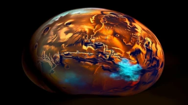 A striking image of Mars portraying its red surface with an illustration like overlay of an Opal deposit