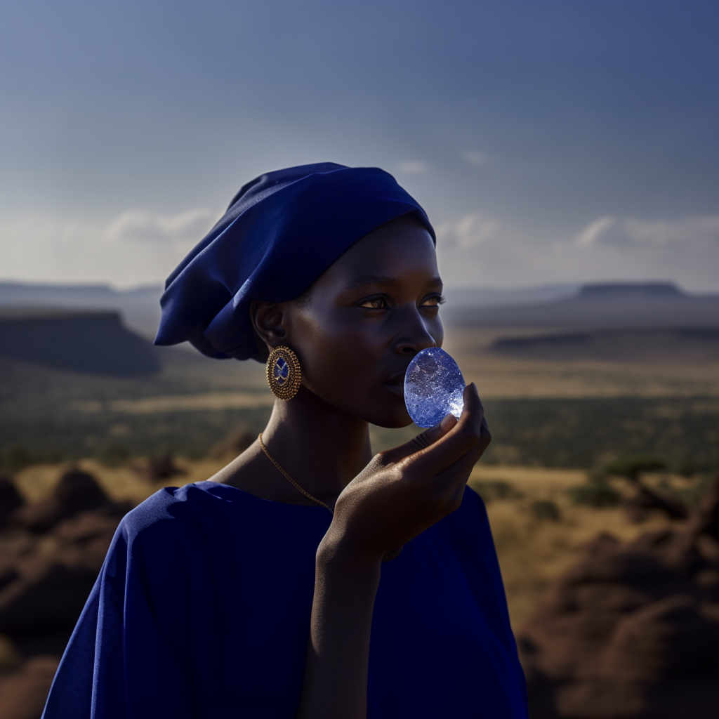 A striking image of a woman holding a piece of tanzanite against the backdrop of the Merelani Hills in Tanzania