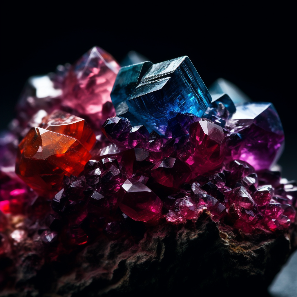A striking macro photograph of a colorful collection of rough spinel crystals in various shades of red blue pink and purple