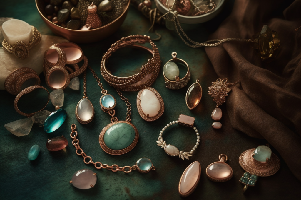 A stylish flat lay of various pieces of jewelry featuring Opal and Tourmaline