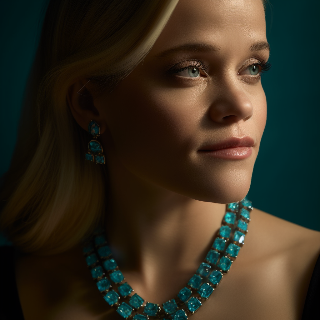 A stylish portrait of Hollywood star Reese Witherspoon wearing a stunning Aquamarine necklace