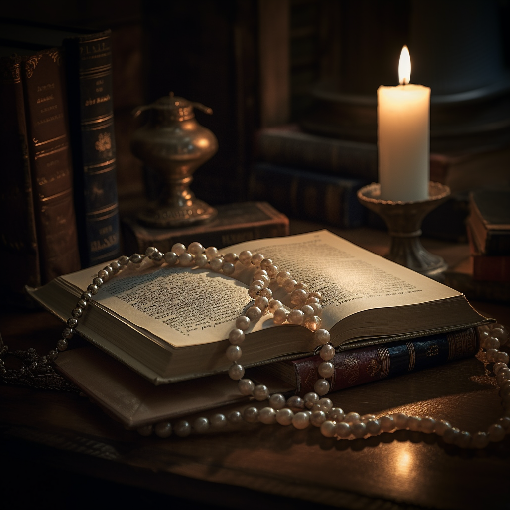 A timeless still life image of an open antique book an elegant pearl necklace draped across its pages