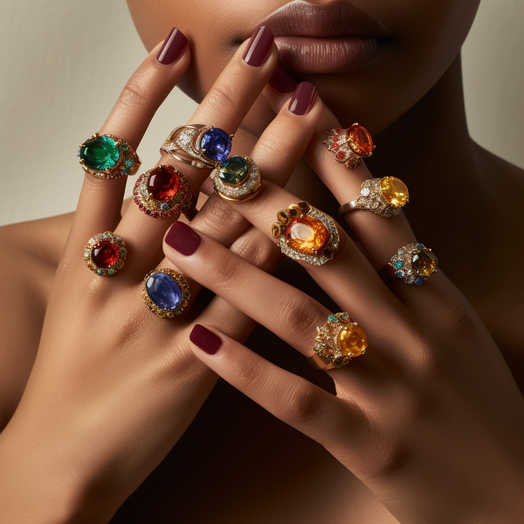 A vibrant photograph of a hand model displaying a variety of birthstone rings on each finger