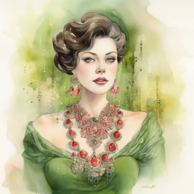 A whimsical watercolor painting of a woman wearing a stunning vintage inspired peridot and spinel jewelry set