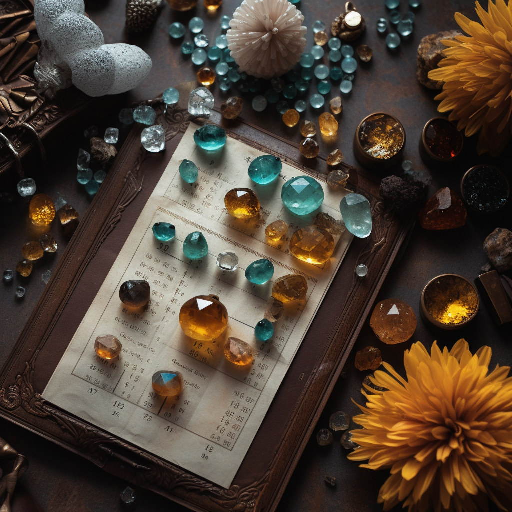 An aesthetically arranged flat lay of various November birthstones like Topaz Citrine and Cats Eye