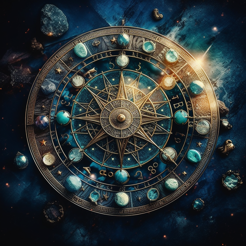 An astrological wheel with gemstones representing each sign