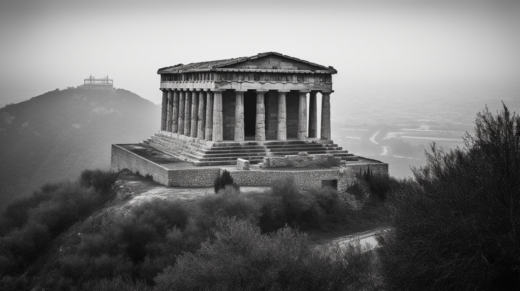 An atmospheric black and white photo of an ancient Greek temple suggesting the historical link of sapphires to ancient Greece and god Apollo