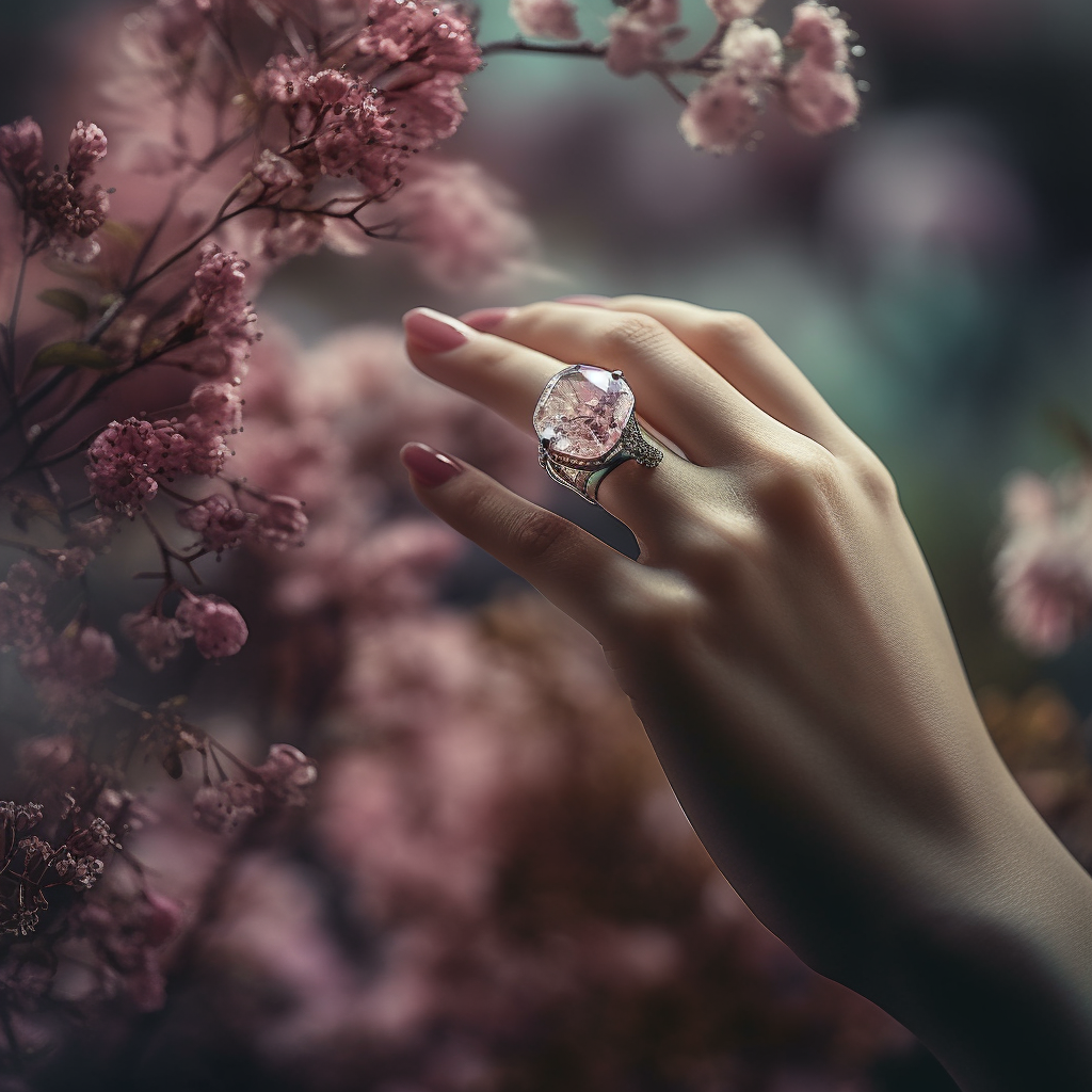An elegant and feminine composition of a womans hand wearing a pink tourmaline ring