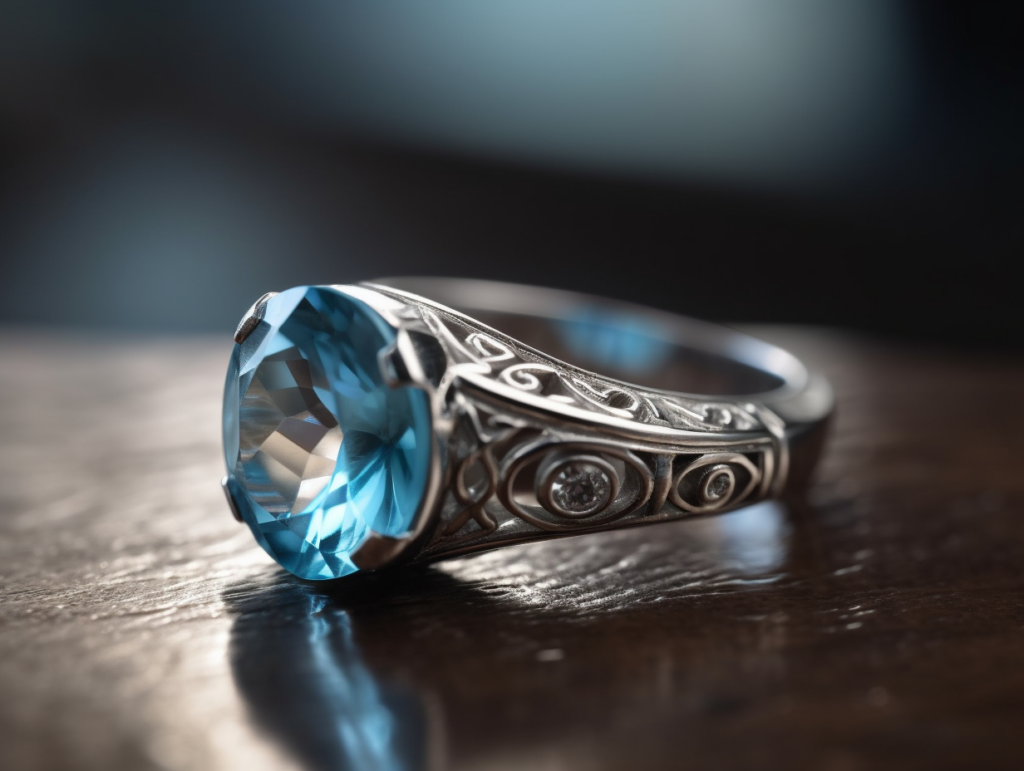 An elegant shot of a blue topaz ring set in white gold resting on a polished wooden surface