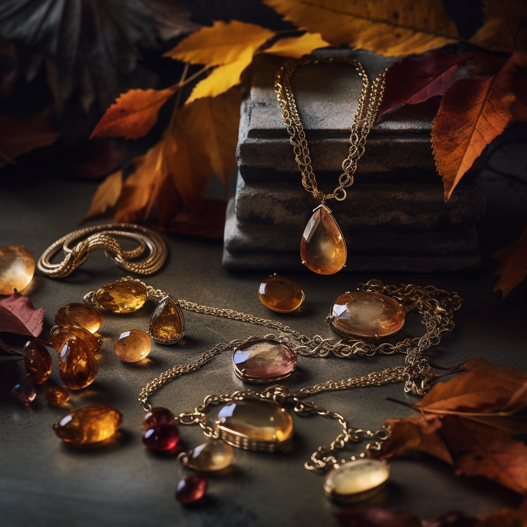 An evocative image that captures a variety of topaz and citrine jewelry pieces necklaces rings and earrings