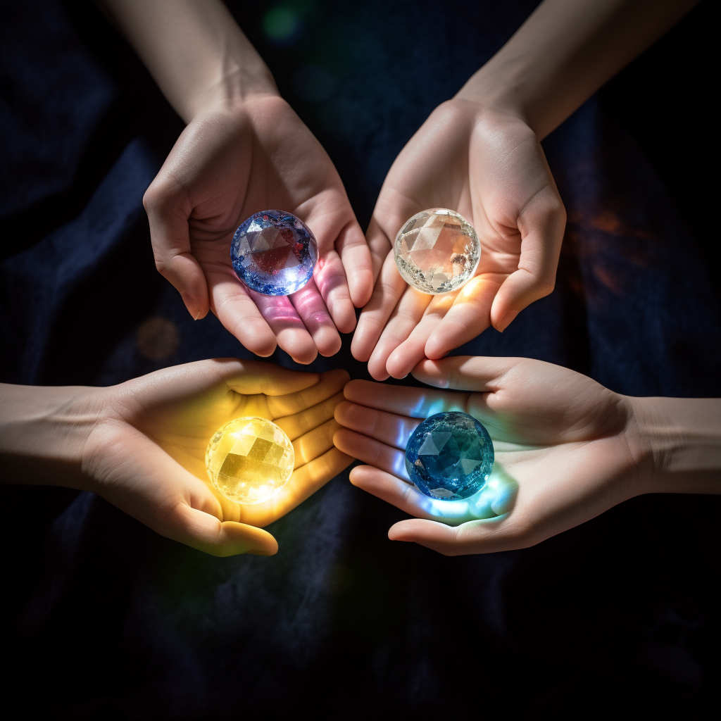 An image capturing four sets of hands each holding a different April birthstone – Sapphire Opal White Topaz and Quartz