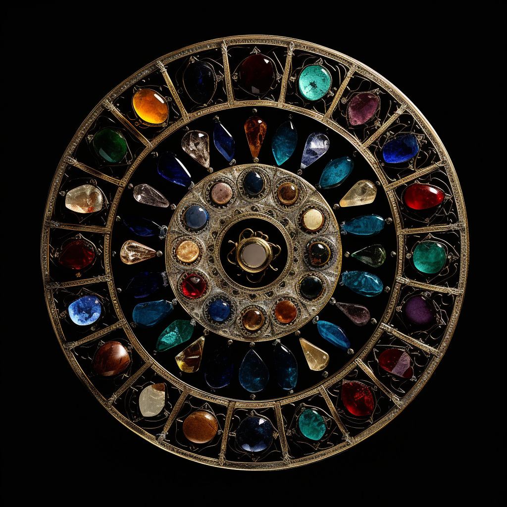An intricate digital art representation of the twelve birthstones arranged in a circular pattern