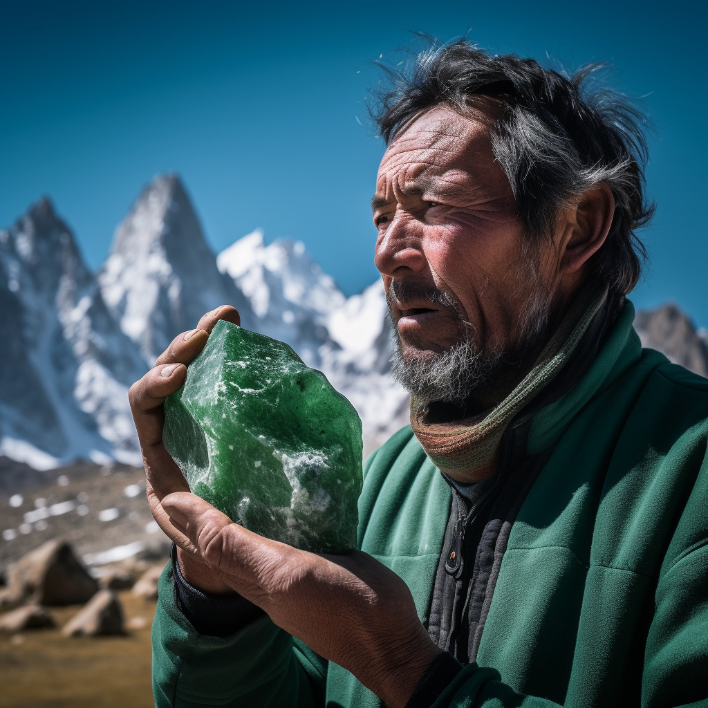 An intriguing image of a man holding a sizeable piece of raw jade