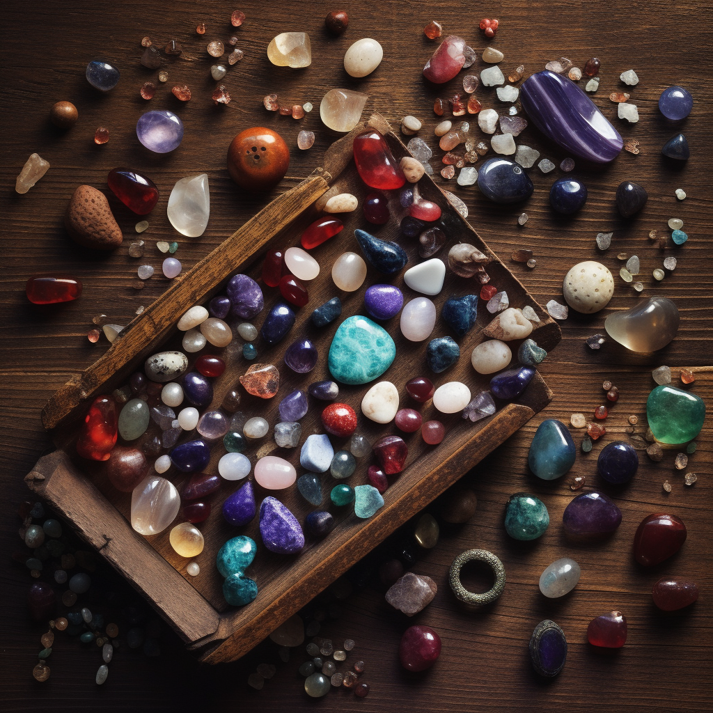 An overhead shot of a variety of gemstones featuring Hyacinth Pearl Moonstone and Bloodstone and Amethyst