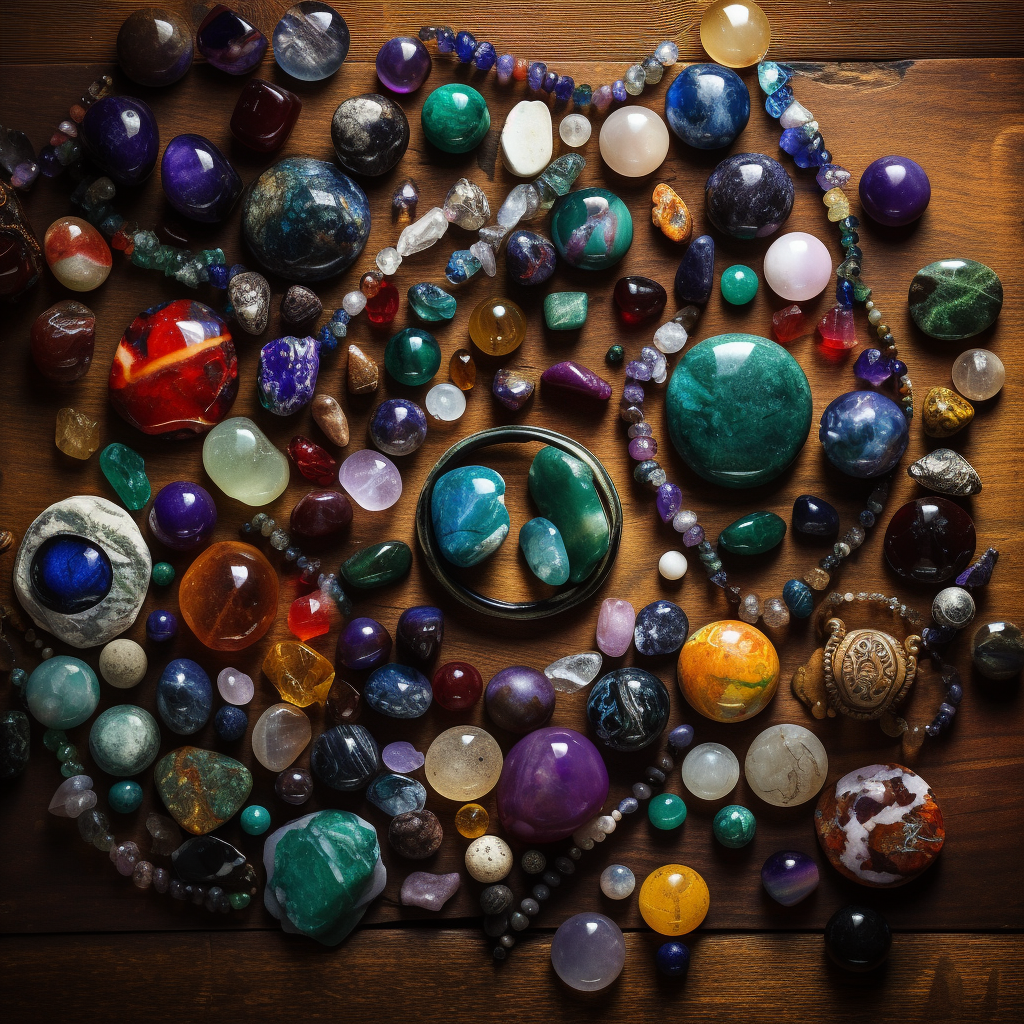An overhead shot of a variety of gemstones featuring garnet amethyst onyx turquoise agate ruby lapis lazuli opal and emerald