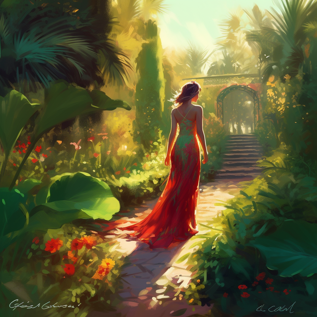 Beautiful digital painting of a serene outdoor setting with a young woman wearing a flowing dress adorned with peridot and spinel gemstones