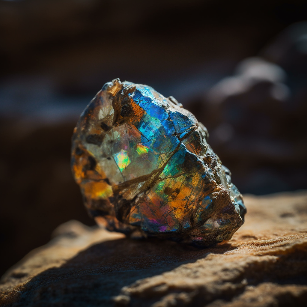 Close up shot of a beautiful Opal nestled within a rock its multicolored brilliance standing out