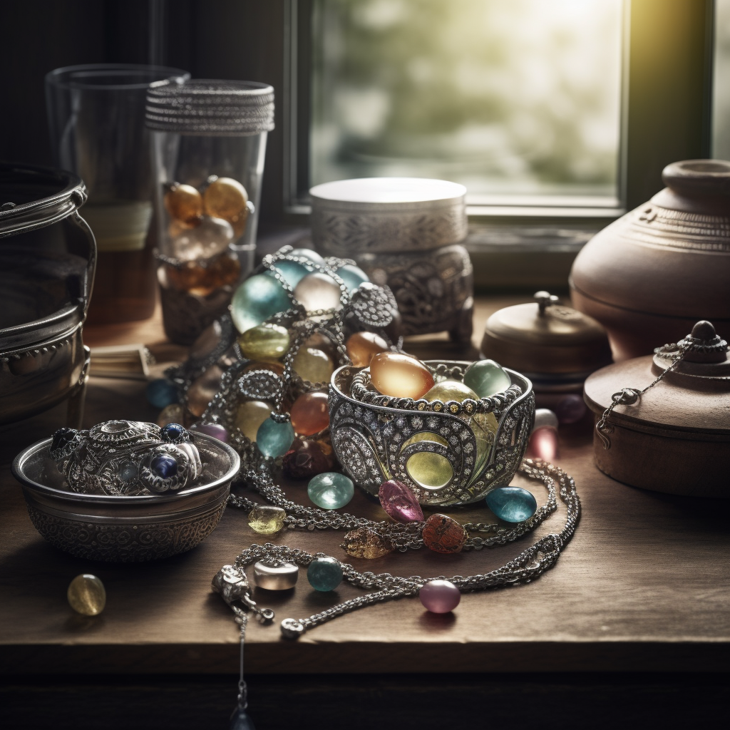 Fine art styled still life photography of a variety of jewelry pieces adorned with different types of April birthstones