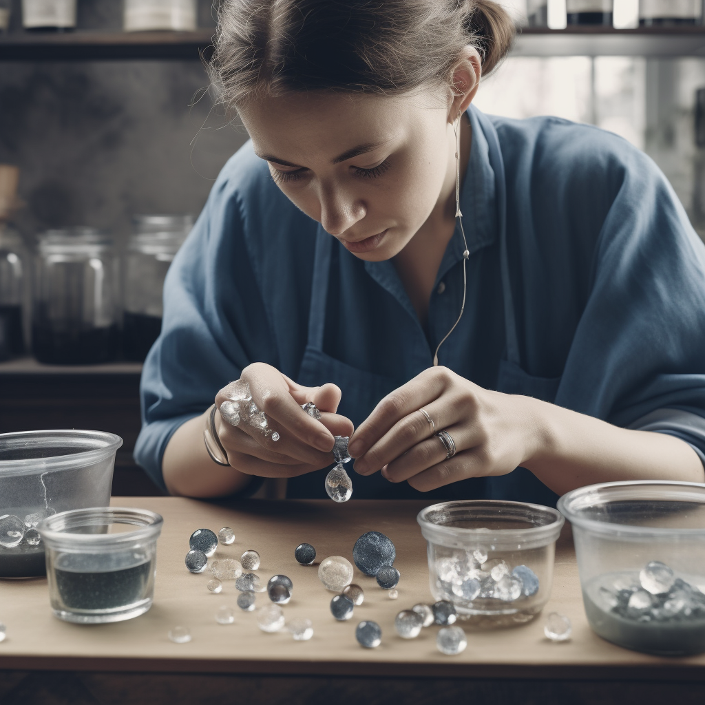 Image of A woman cleaning the gemstones with water in lab jewelry setting
