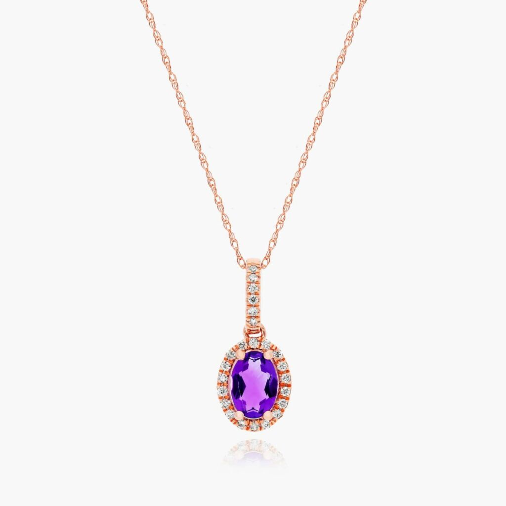 14K Rose Gold Oval Halo Amethyst and Diamond Necklace 1