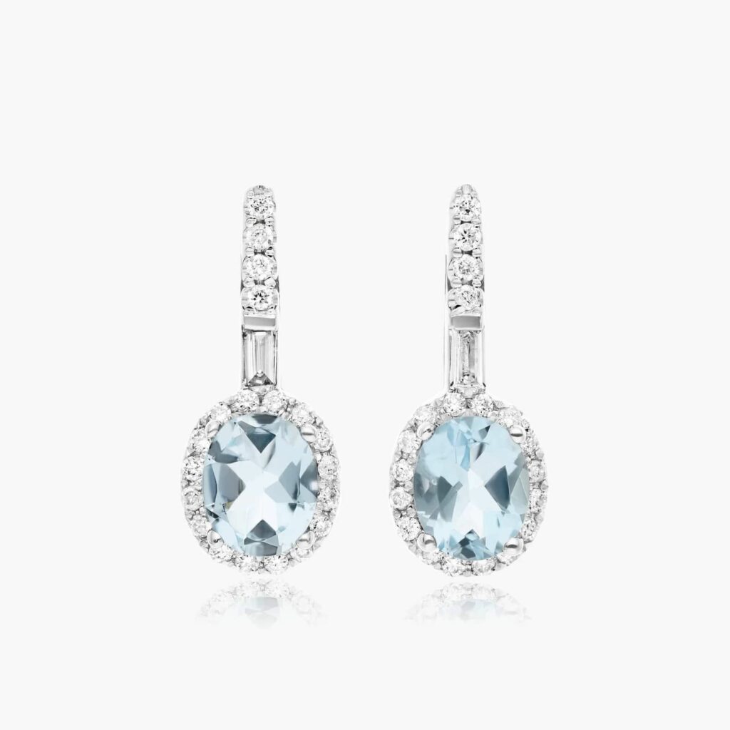 14K White Gold Halo Aquamarine and Diamond Petite Drop Earrings