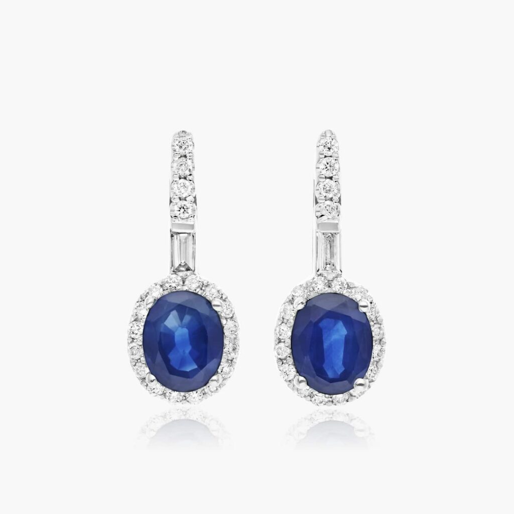 14K White Gold Halo Sapphire and Diamond Petite Drop Earrings