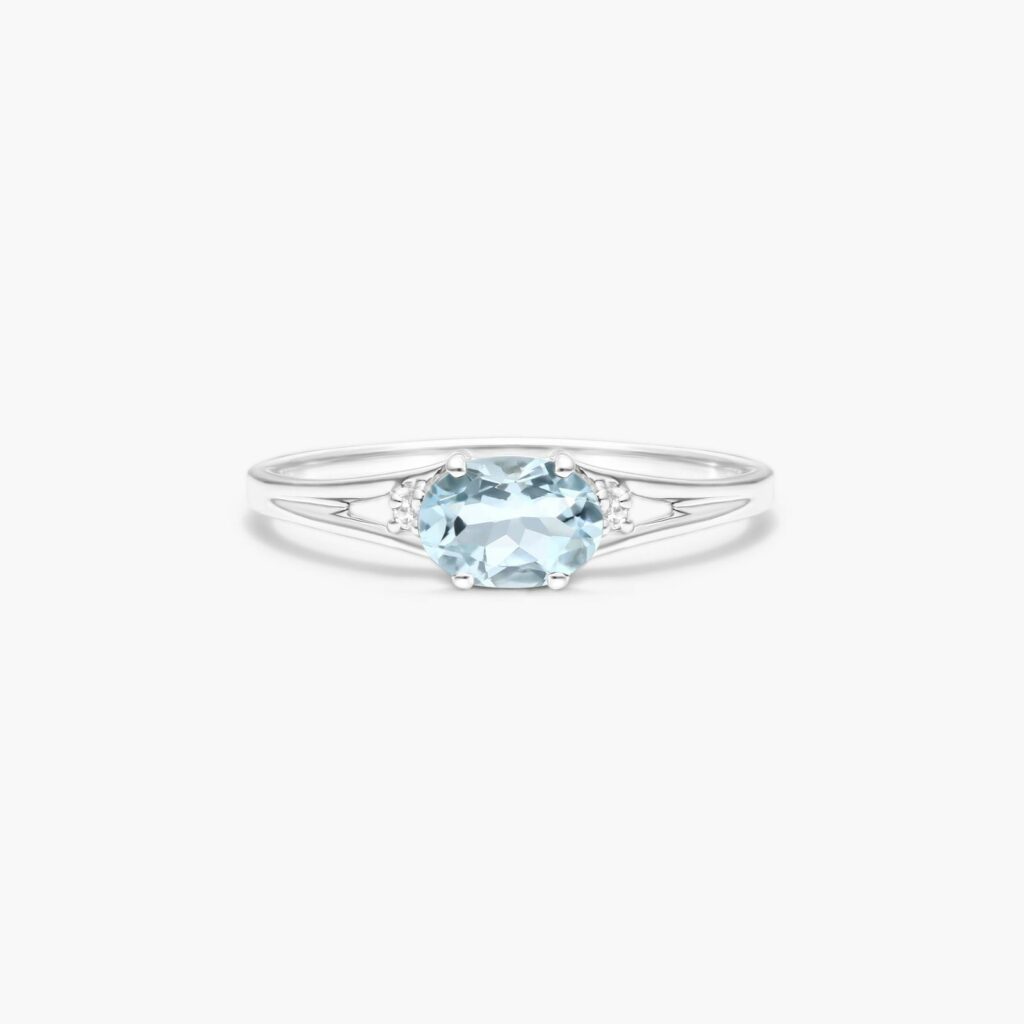 14K White Gold Oval Aquamarine and Diamond Accent Birthstone Ring