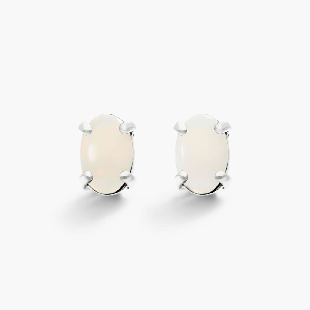 14K White Gold Oval Opal Birthstone Earrings