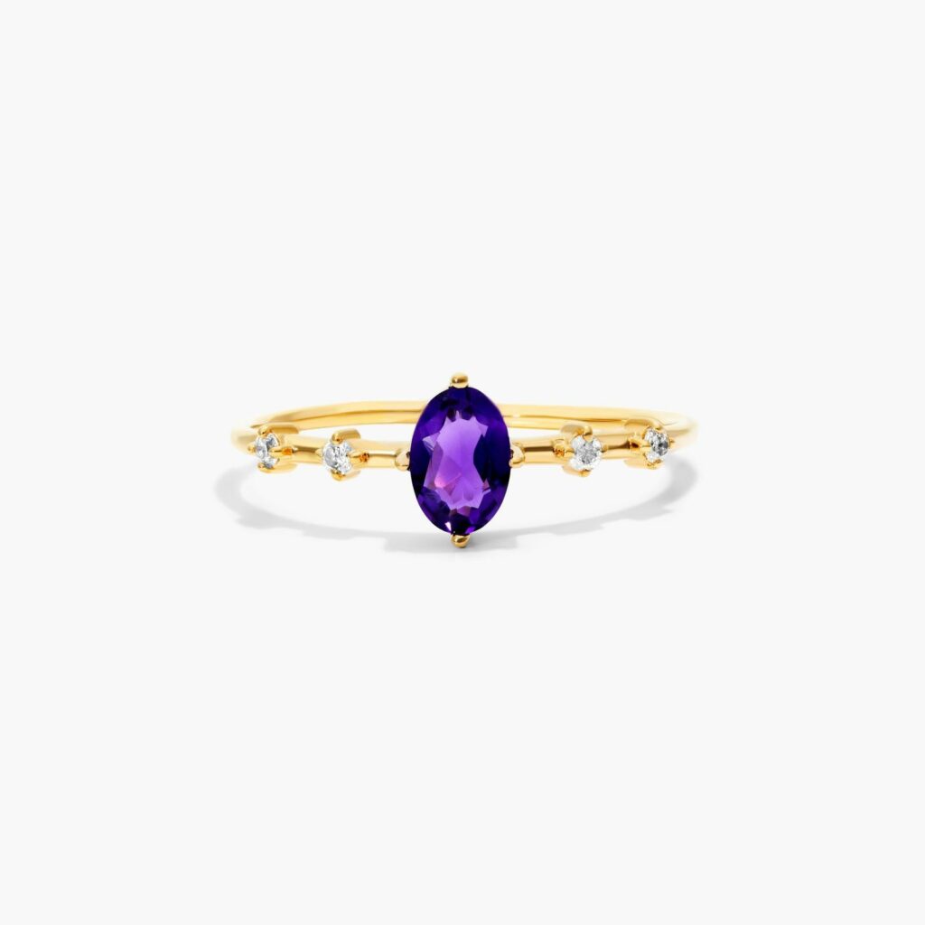 14K Yellow Gold Amethyst Oval and Diamond Birthstone Ring