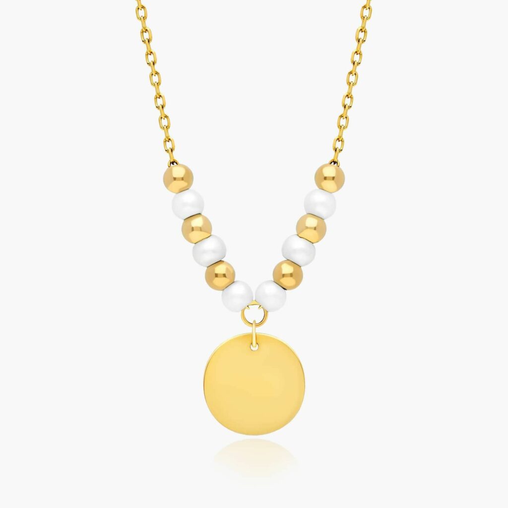 14K Yellow Gold Freshwater Pearl Bead Disc Necklace