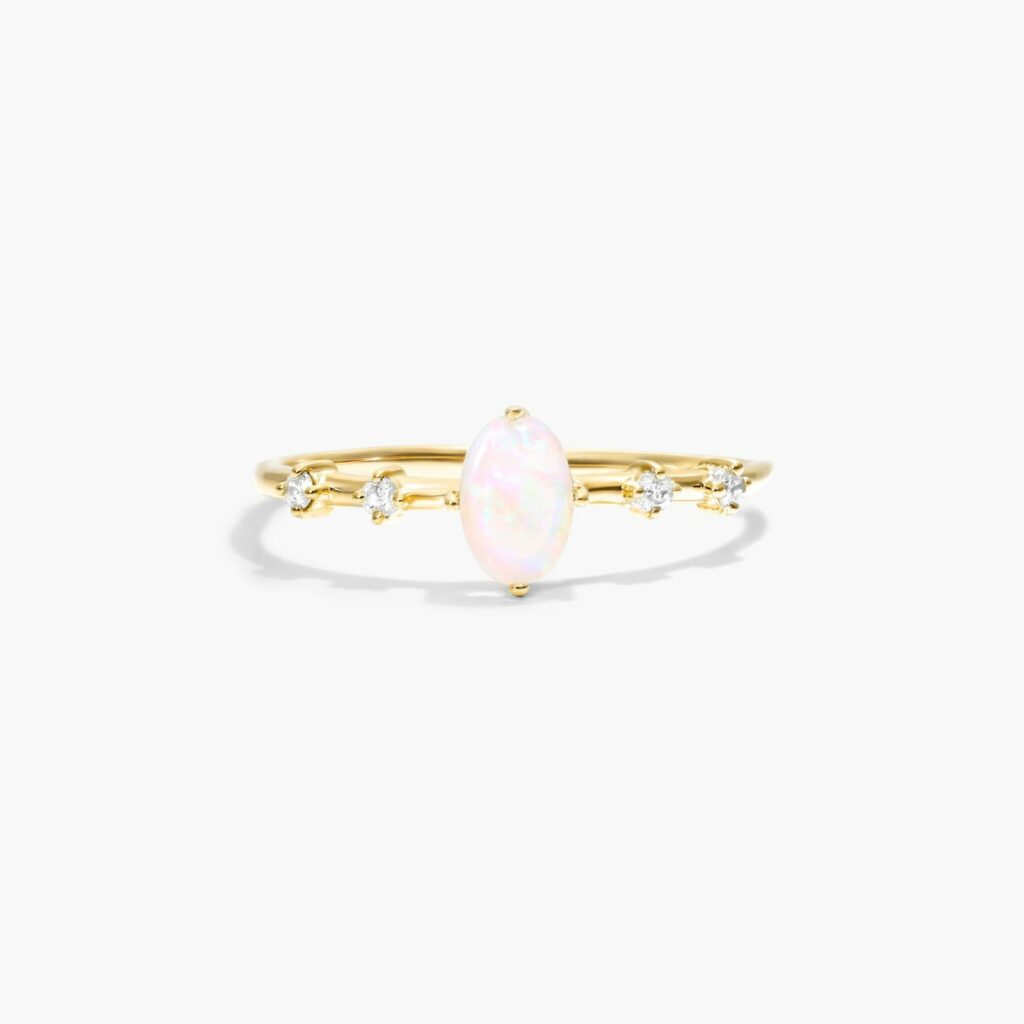 14K Yellow Gold Opal Oval and Diamond Birthstone Ring