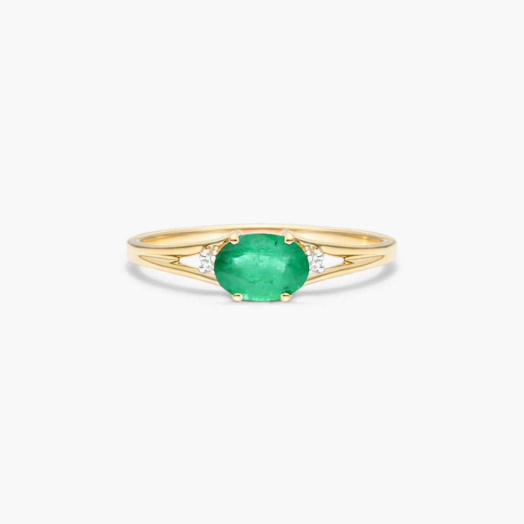 14K Yellow Gold Oval Emerald and Diamond Accent Birthstone Ring 1