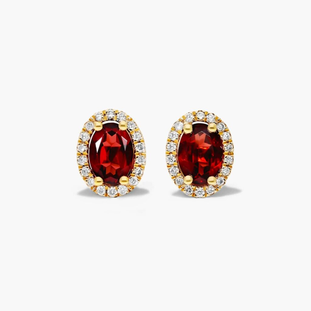 14K Yellow Gold Oval Halo Garnet and Diamond Stud Earrings