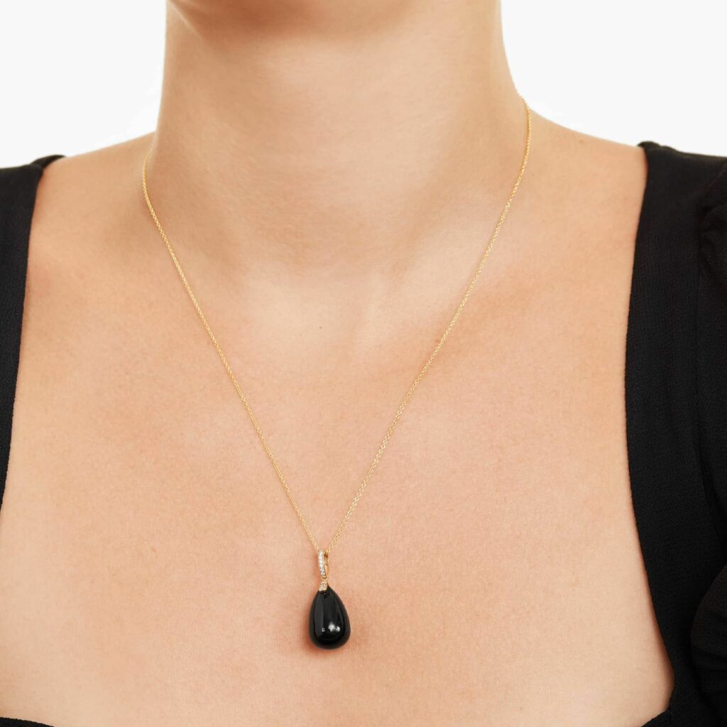 18K Yellow Gold Onyx and Diamond Drop Necklace 1