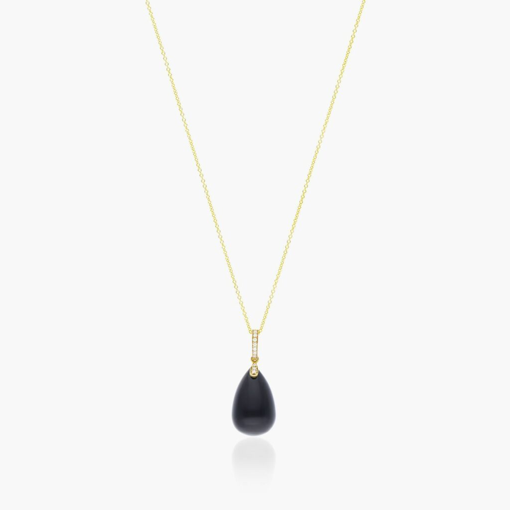 18K Yellow Gold Onyx and Diamond Drop Necklace